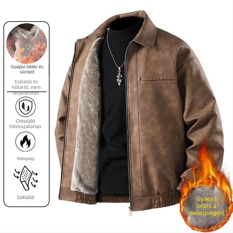 Férfi bőrdzseki fleece béléssel, meleg, szélvédett, hétköznapi stílus, új modell