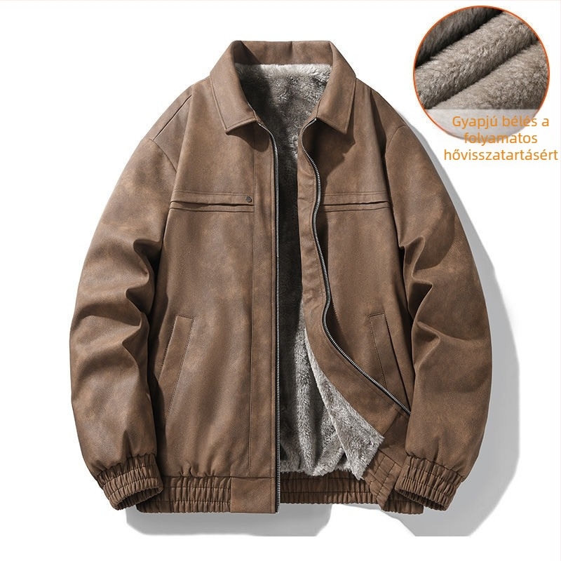 Férfi bőrdzseki fleece béléssel, meleg, szélvédett, hétköznapi stílus, új modell