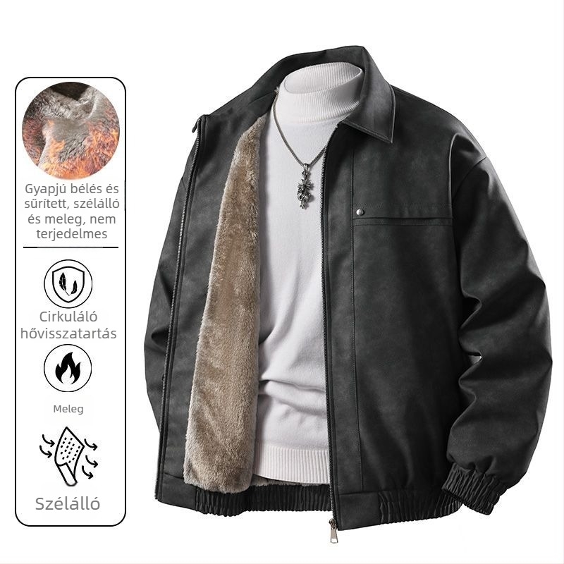 Férfi bőrdzseki fleece béléssel, meleg, szélvédett, hétköznapi stílus, új modell