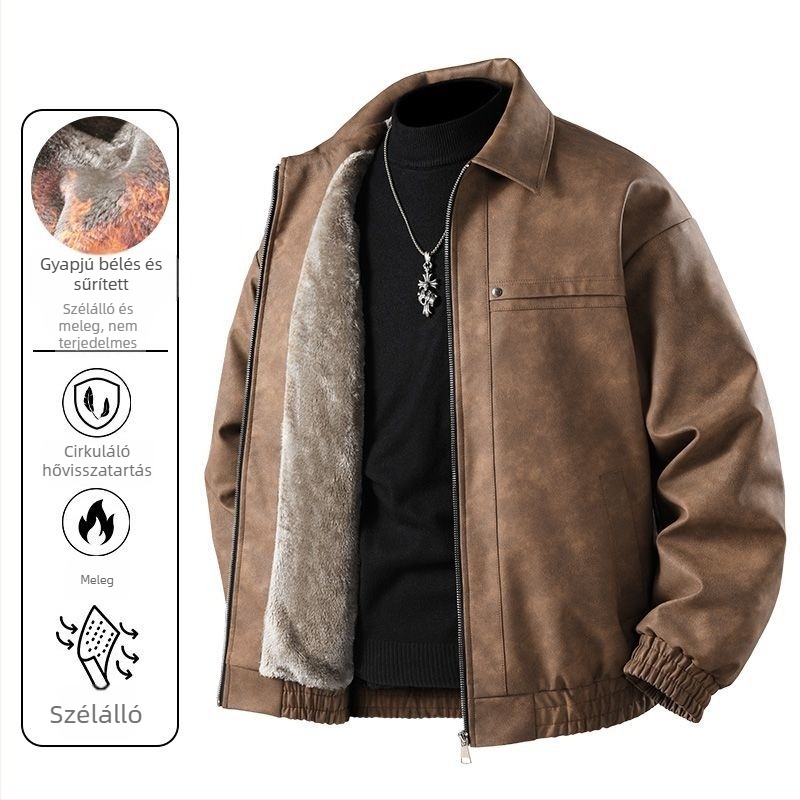 Férfi bőrdzseki fleece béléssel, meleg, szélvédett, hétköznapi stílus, új modell