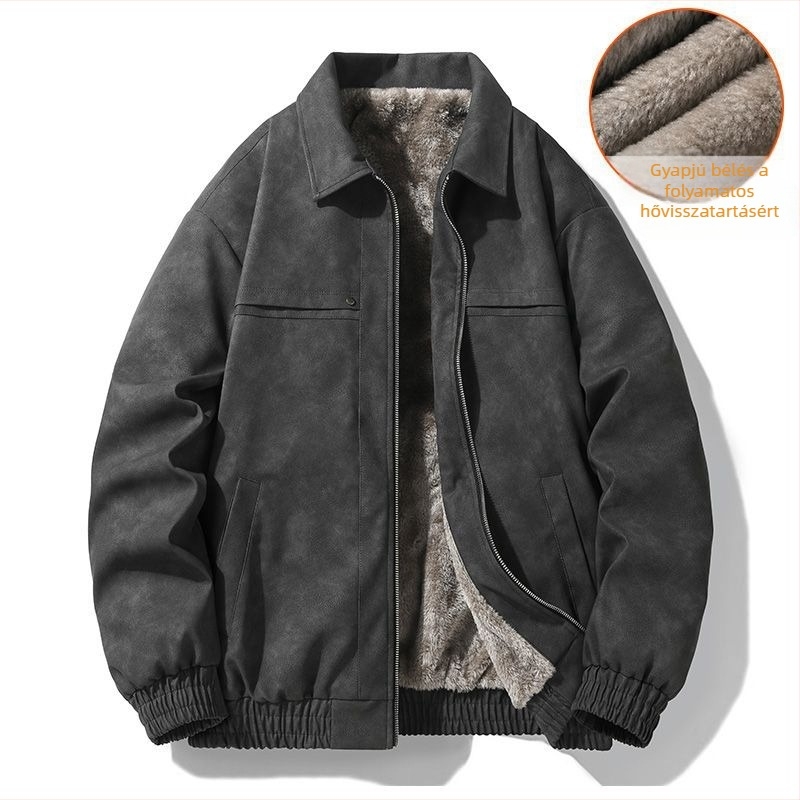 Férfi bőrdzseki fleece béléssel, meleg, szélvédett, hétköznapi stílus, új modell