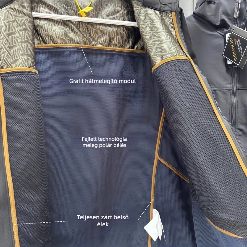 Grafén-alapú kültéri funkcionális softshell dzseki kapucnival, szél- és vízálló, férfi téli fleece dzseki