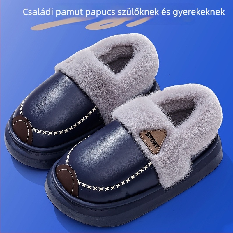 EVA pamut papucsok gyerekeknek és felnőtteknek, PU bőr vízálló, puha csúszásmentes talppal, fleece-belsővel, vastag, beltéri téli meleg.