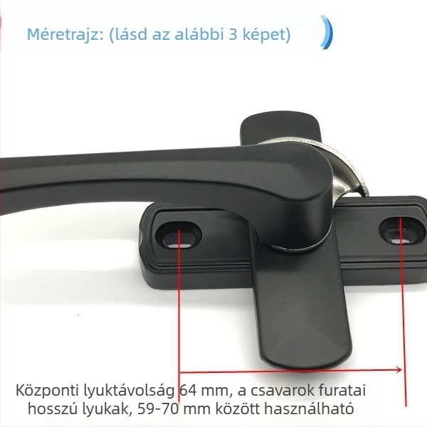 Félsarló zár kampóval, hosszú furattal, vastagított kivitel, cinkötvözet és rozsdamentes acélból, ajtókhoz és ablakokhoz