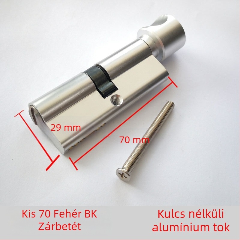Belső ajtó zár cilindere, univerzális modell, 70 mm méret, alumínium ház, kulcs nélküli működés, rézmagú zárbetét, zárkészlet