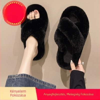 Női plüss papucs vastag talppal, fleece belsővel, magasságot növelő, őszi–téli viselet