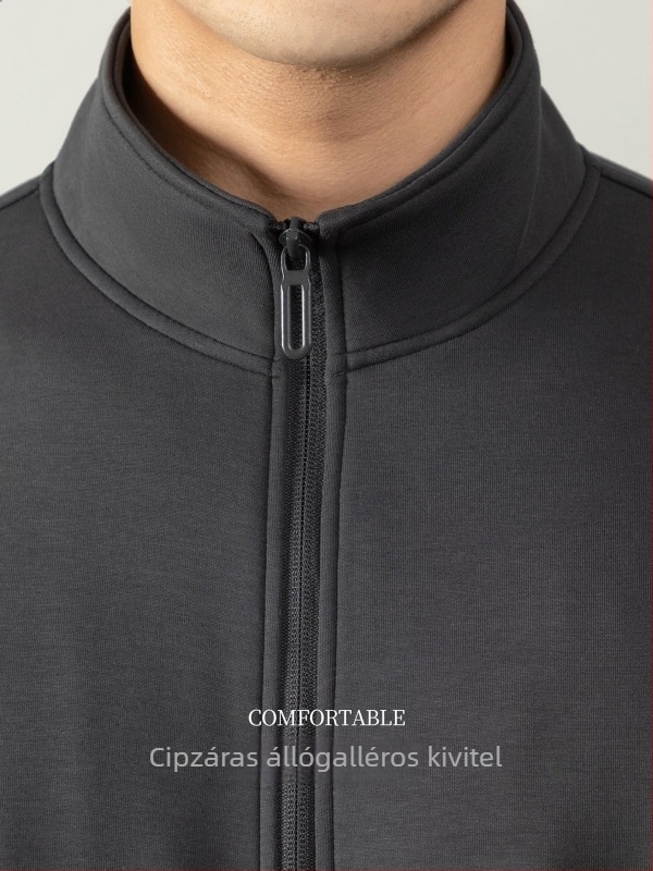 Férfi kardigán álló gallérral és cipzárral, puha tapintású 400 g pamut, téli casual elegáns