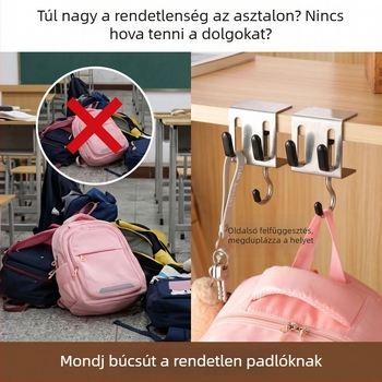 Három kampós hátizsákakasztó az íróasztal oldalához, leválasztható és állítható