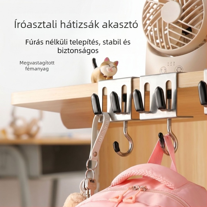 Három kampós hátizsákakasztó az íróasztal oldalához, leválasztható és állítható