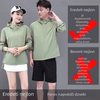 Nyári könnyű kapucnis napvédő kabát férfiak és nők számára, nejlon selyem-szerű textúrával, lélegző, UV védelem, szabadtéri szabadidőre