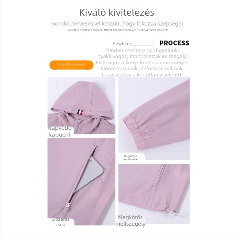 Nyári könnyű kapucnis napvédő kabát férfiak és nők számára, nejlon selyem-szerű textúrával, lélegző, UV védelem, szabadtéri szabadidőre