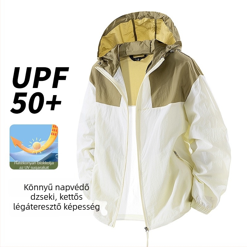 Uniszex kültéri hegymászó dzseki, könnyű, UV-védelem UPF50+, szélvédett és lélegző, kapucnival