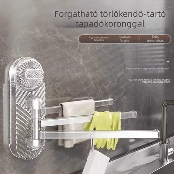 Forgó törlőkendő- és konyhai törlőruha tartó, falra szerelhető szárítópolccal és akasztóval