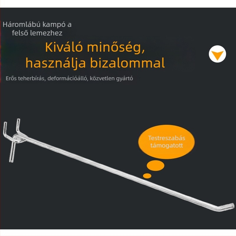 Fenggu háromlábú fém kampó perforált panelhez, egyenes kampó, teherbírás 10–15 kg