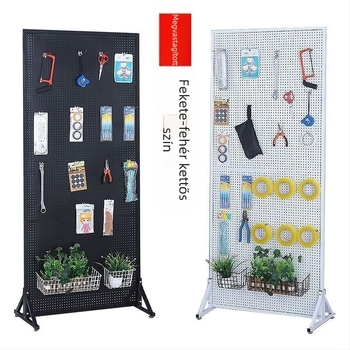 Függőleges padlón álló perforált pegboard állvány körkörös lyukas táblával, ékszerkiállításra és konyhai kellékek tárolására