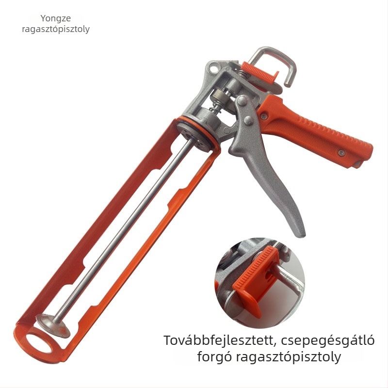 Üveglékoló ragasztópisztoly 360°-ban forgó vastag markolattal, minden egyben – kézi/automata üvegragasztáshoz.