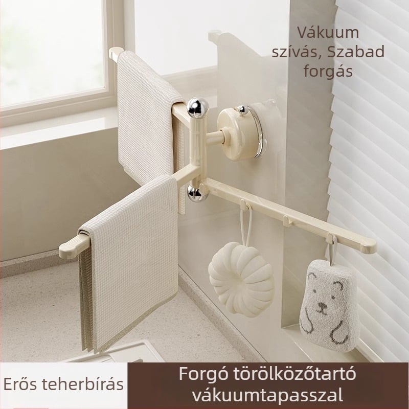 Fali forgó tároló konyhai eszközökhöz, ventuzával rögzítve, törölközőtartóval