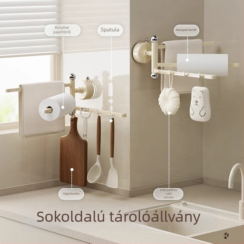 Fali forgó tároló konyhai eszközökhöz, ventuzával rögzítve, törölközőtartóval