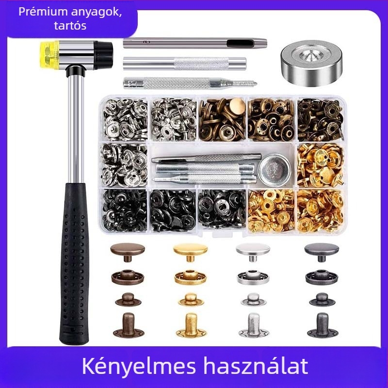 Sárgaréz csatt- és gombkészlet szerszámokkal — 120 darabos dobozos készlet
