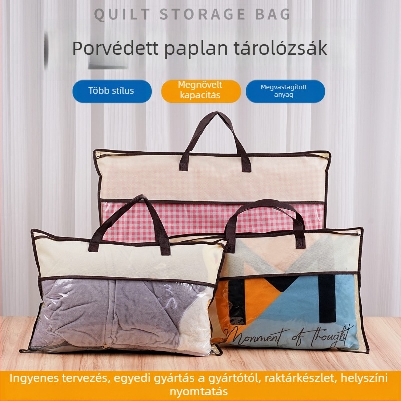 Otthoni textilekhez készült non-woven tároló táska cipzárral, testreszabható méretek, takarók és plédek tárolására, porvédő párnabetét