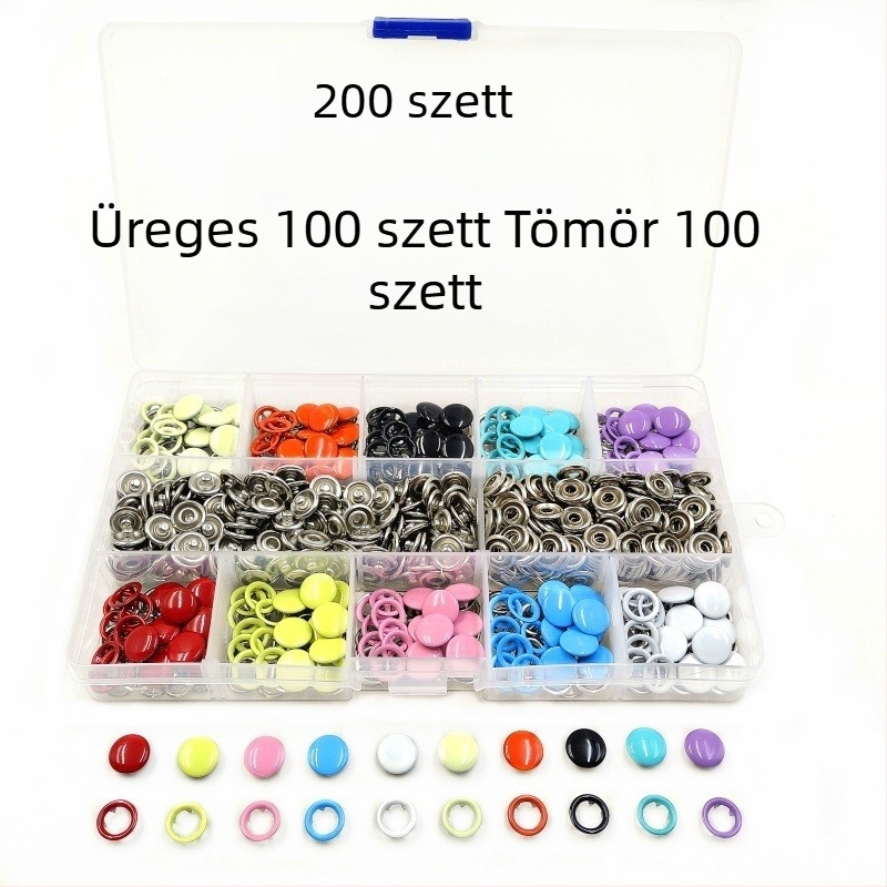Színes ötágú csatkészlet kézi préselővel, csatbeépítő eszközzel és fém snap gombokkal