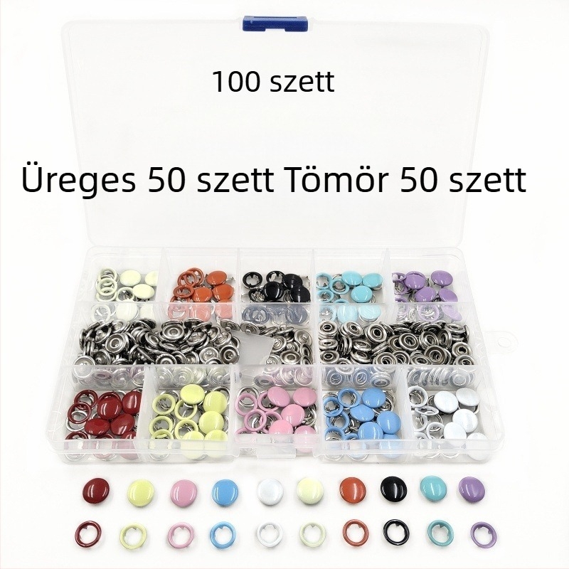 Színes ötágú csatkészlet kézi préselővel, csatbeépítő eszközzel és fém snap gombokkal