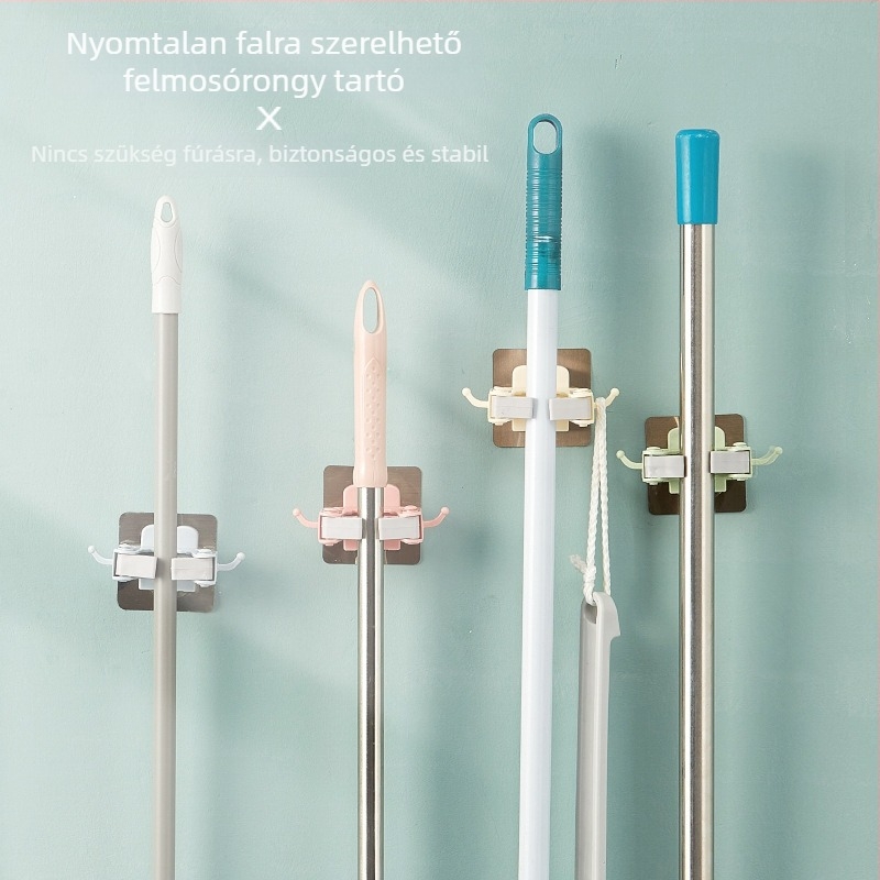 Csavarmentes, multifunkcionális mop-tartó — falra szerelhető fürdőszobai rendező