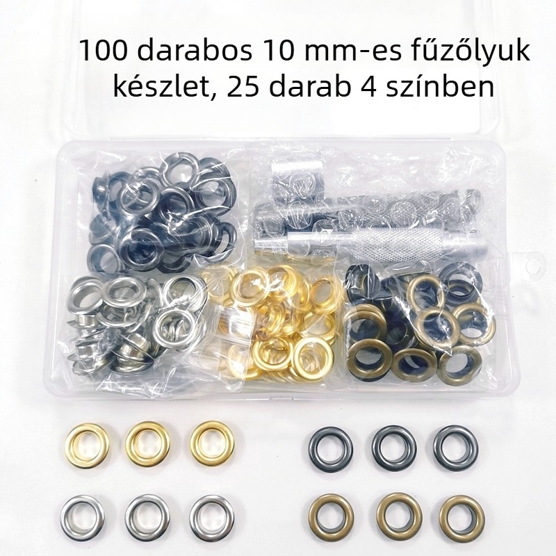 Réz színű eyeletek készlet, 100 db, átmérő 10 mm, telepítő eszközzel sátorokhoz és függönyökhöz