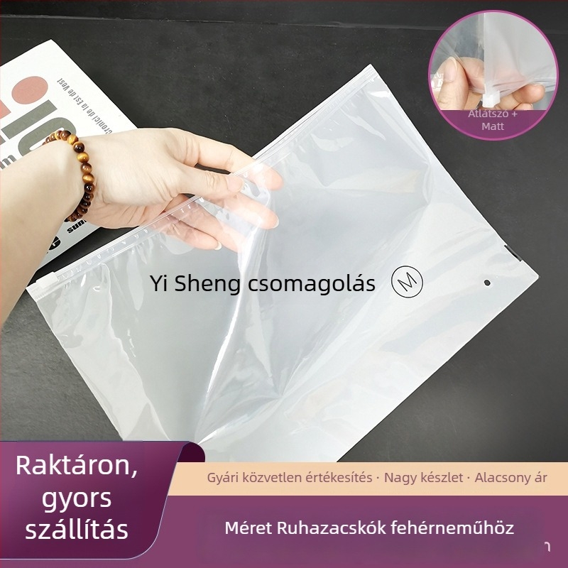 Áttetsző matt zipzáras tasak fehérneműhöz és ruházathoz, önzáró PE műanyag tasak, zoknik tároló tasak