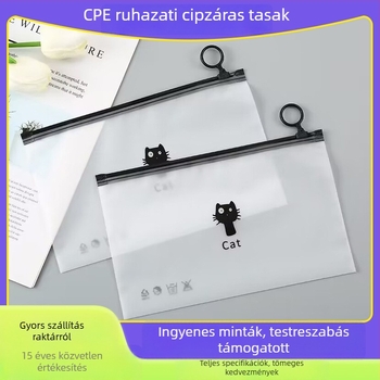 Matta textúrájú cipzártas taska macskás rajzfilmes dizájnnal és húzófüllel, ruhák és zoknik csomagolásához