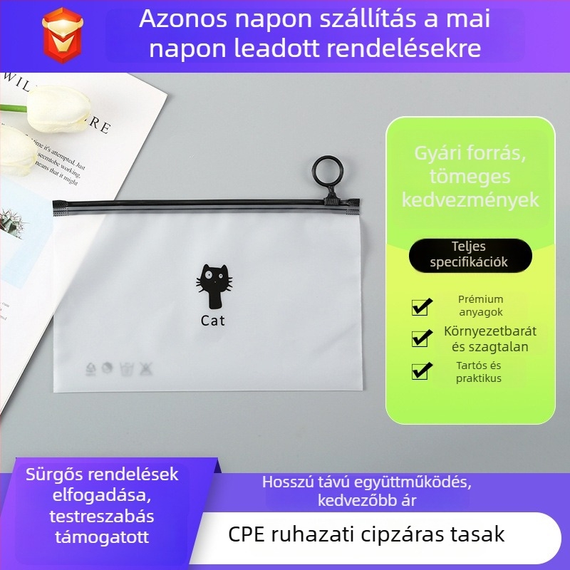 Matta textúrájú cipzártas taska macskás rajzfilmes dizájnnal és húzófüllel, ruhák és zoknik csomagolásához