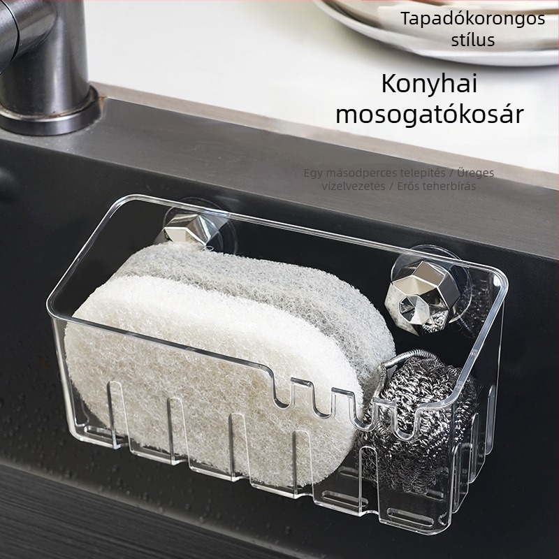 Konyhai mosogató belső lefolyóállvány szívókoronggal, falra szerelhető lefolyókosárral és keskeny oldalsó tárolópolccal