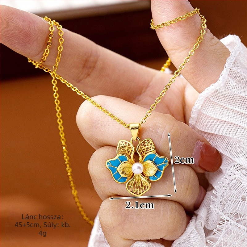 Üreges virágos nyaklánc, fülbevaló és gyűrű készlet, etnikus stílusú, vietnámi homokarany bevonattal