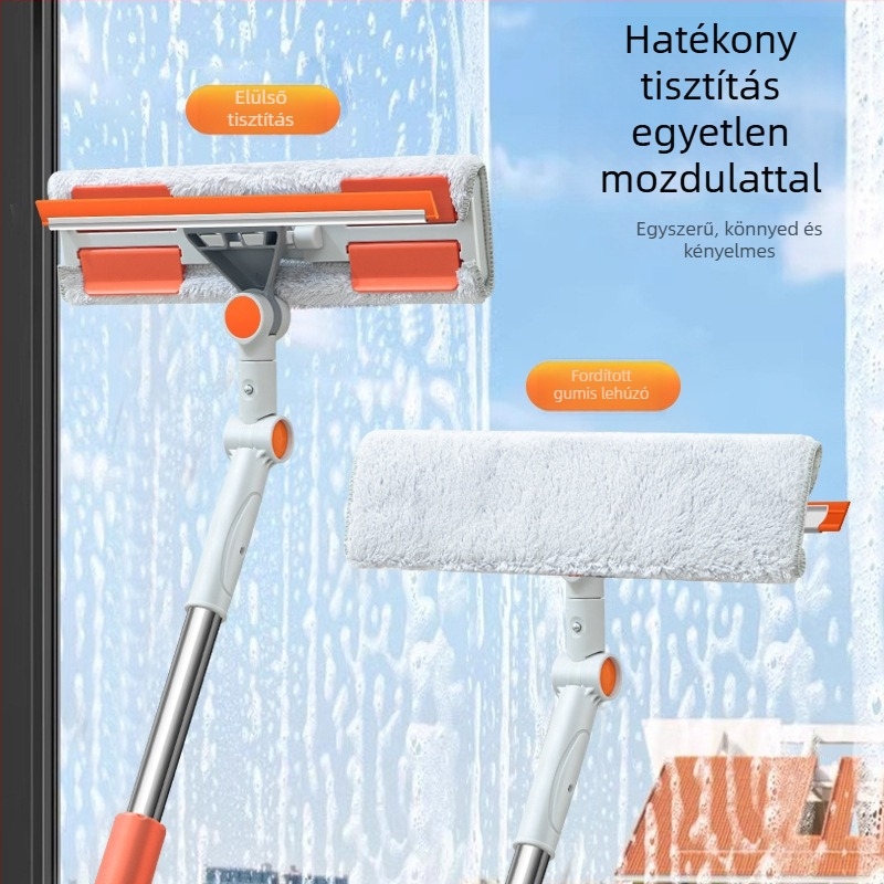 Teleszkópos ablaktisztító magas épületekhez, kettős irányú forgócsuklóval, száraz és nedves használatra, kibővíthető vízkaparóval