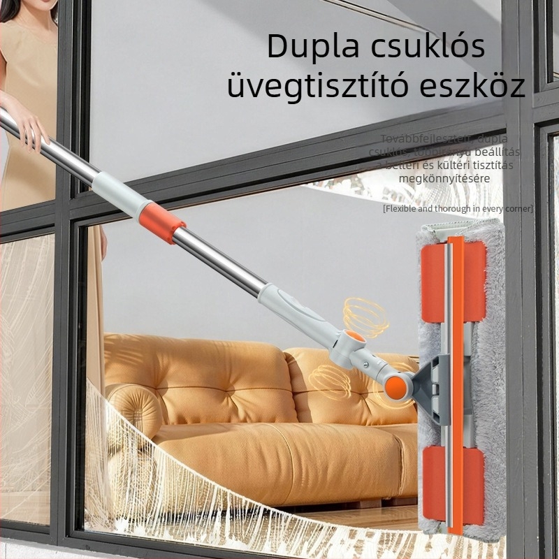 Teleszkópos ablaktisztító magas épületekhez, kettős irányú forgócsuklóval, száraz és nedves használatra, kibővíthető vízkaparóval