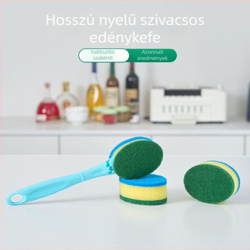 Hosszú nyelű szivacsos edénytisztító kefével, kétoldalas konyhai mosófej, cserélhető fejjel