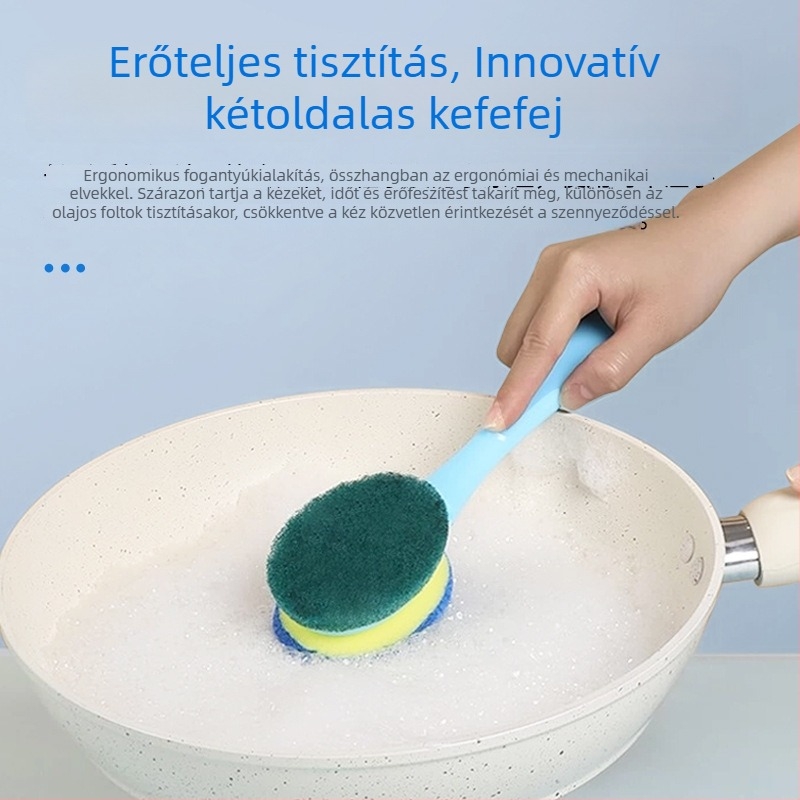 Hosszú nyelű szivacsos edénytisztító kefével, kétoldalas konyhai mosófej, cserélhető fejjel