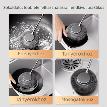 Rozsdamentes acél edényekhez hosszú nyelű tisztító kefével, edények és tálak tisztítására, acélgyapjú golyóval, amely nem hullik szálakat, konyhai eszköz