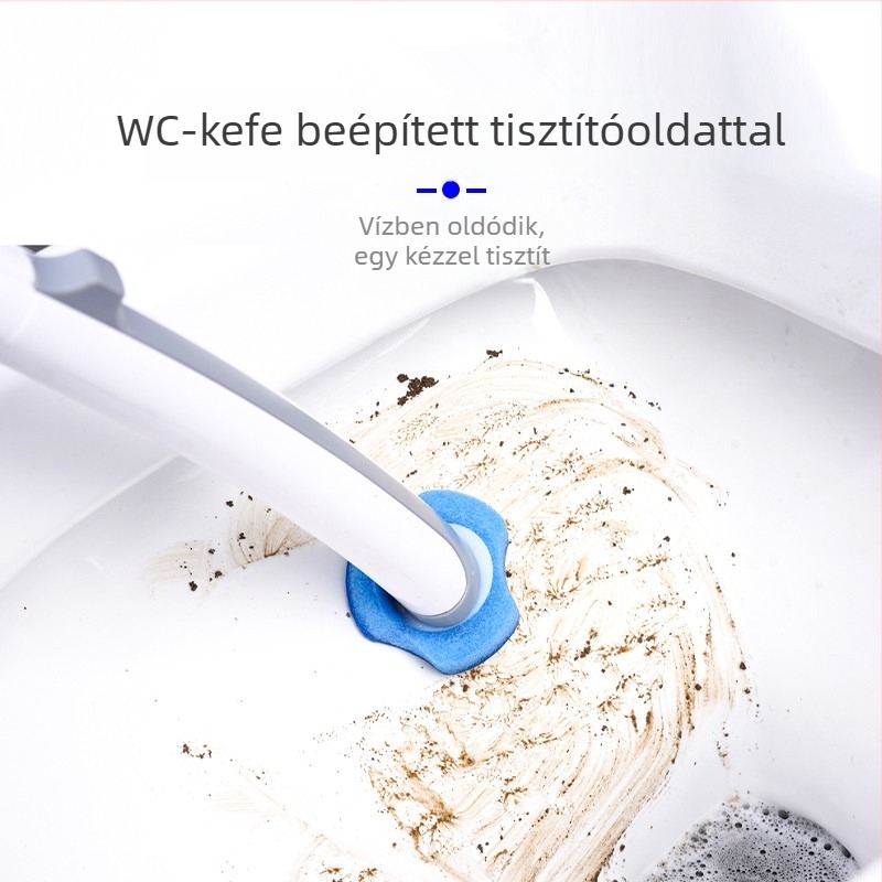 Egyszer használható WC-kefe hosszú nyéllel és tisztító folyadékkal, háztartási fürdőszobába
