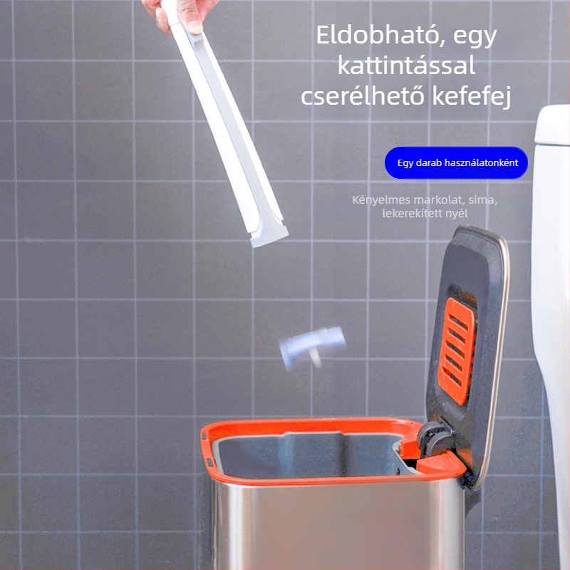 Egyszer használható WC-kefe hosszú nyéllel és tisztító folyadékkal, háztartási fürdőszobába