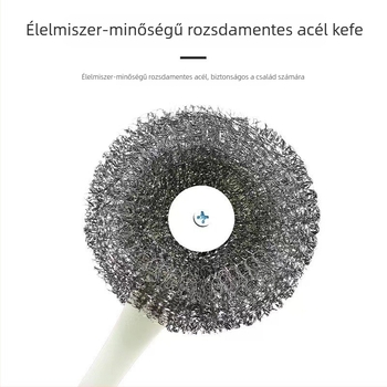 Élelmiszer-minőségű rozsdamentes acél fazekakhoz való hosszú nyelű keféje, acélszálas gömbfejes tisztító, ergonomikus csúszásmentes markolat.