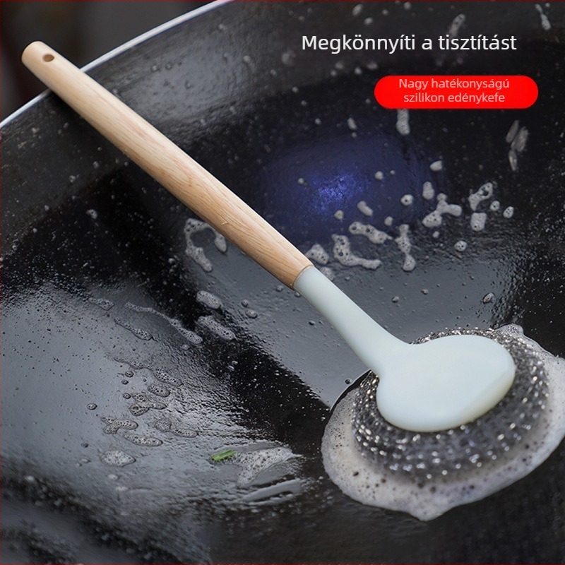 Élelmiszer-minőségű rozsdamentes acél fazekakhoz való hosszú nyelű keféje, acélszálas gömbfejes tisztító, ergonomikus csúszásmentes markolat.