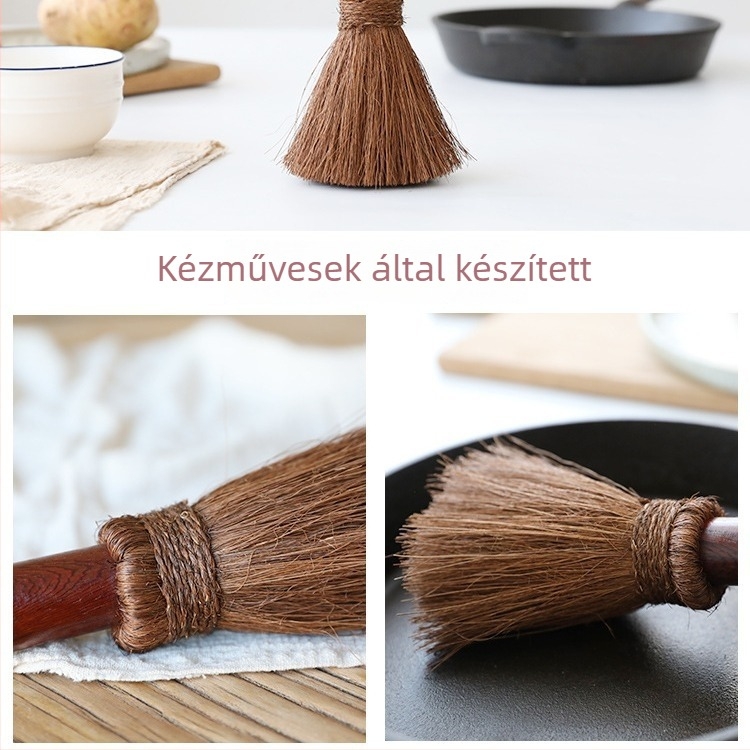 Természetes kókuszpálma rostból készült fazék- és edényecset, fa nyéllel