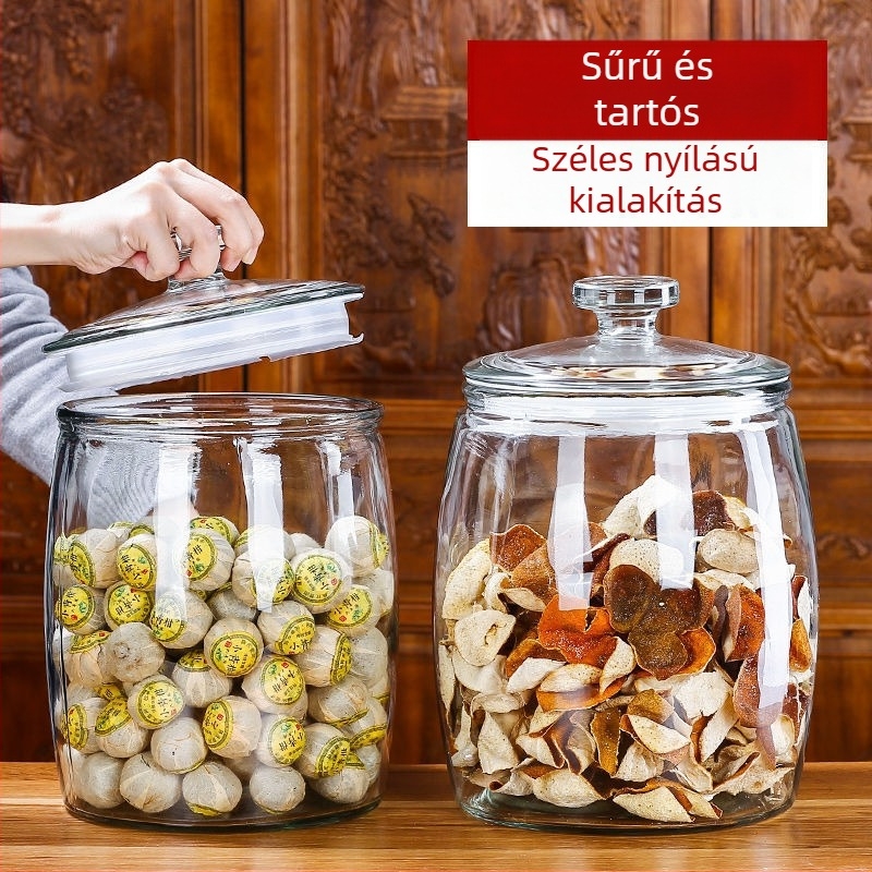 Vastag falú üveg tároló edény – szárított gyümölcsök, magvak, virágos tea, savanyúság és bor; rizs tárolására is alkalmas