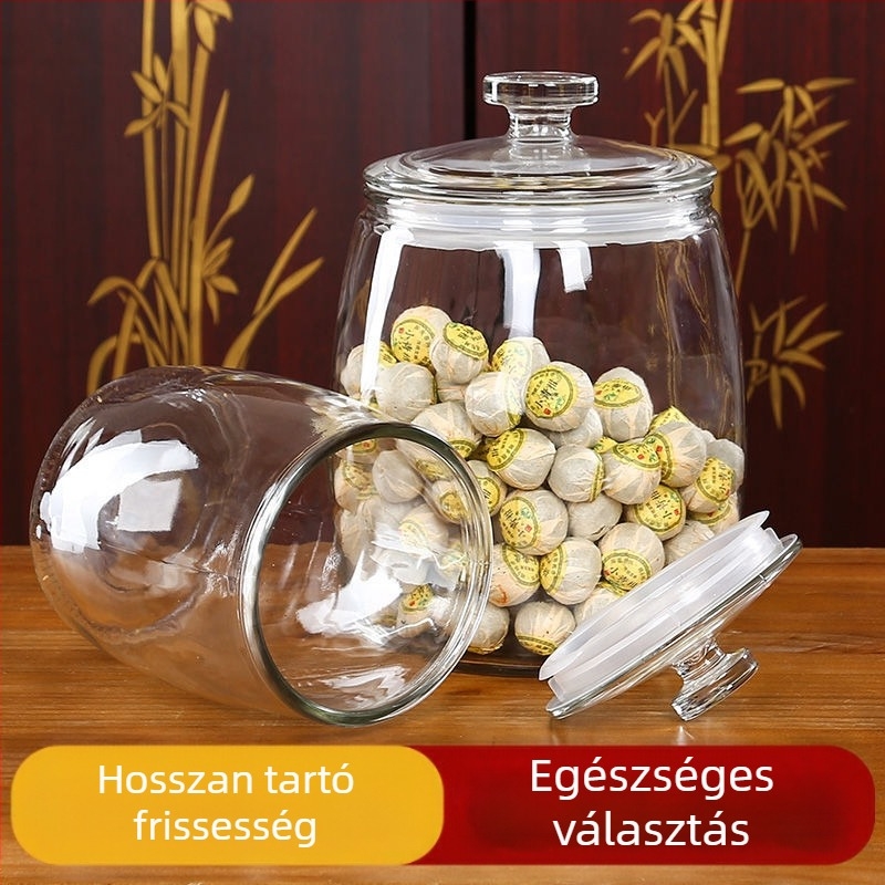 Vastag falú üveg tároló edény – szárított gyümölcsök, magvak, virágos tea, savanyúság és bor; rizs tárolására is alkalmas