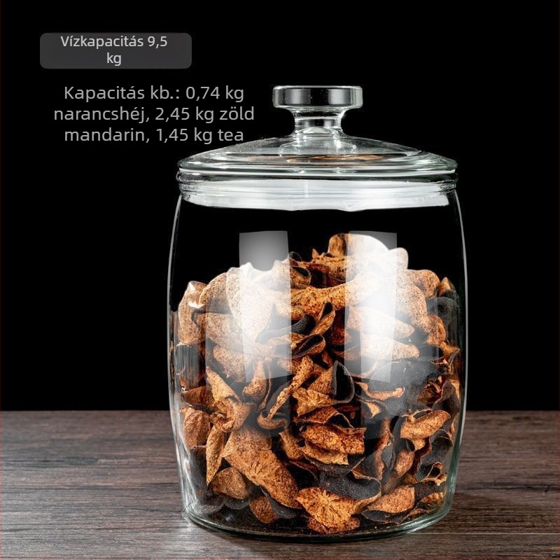 Vastag falú üveg tároló edény – szárított gyümölcsök, magvak, virágos tea, savanyúság és bor; rizs tárolására is alkalmas