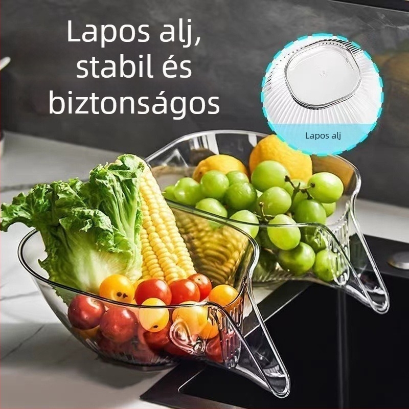 Konyhai multifunkcionális leeresztőkosár zöldségek és gyümölcsök mosására, nedves-száraz elválasztással és vízszűréssel