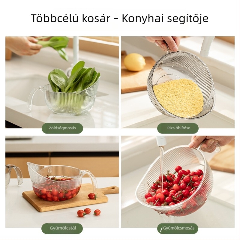Átlátszó konyhai kosár zöldségek és gyümölcsök mosásához, többfunkciós leeresztő kosár, méretek 28×19,5×13 cm