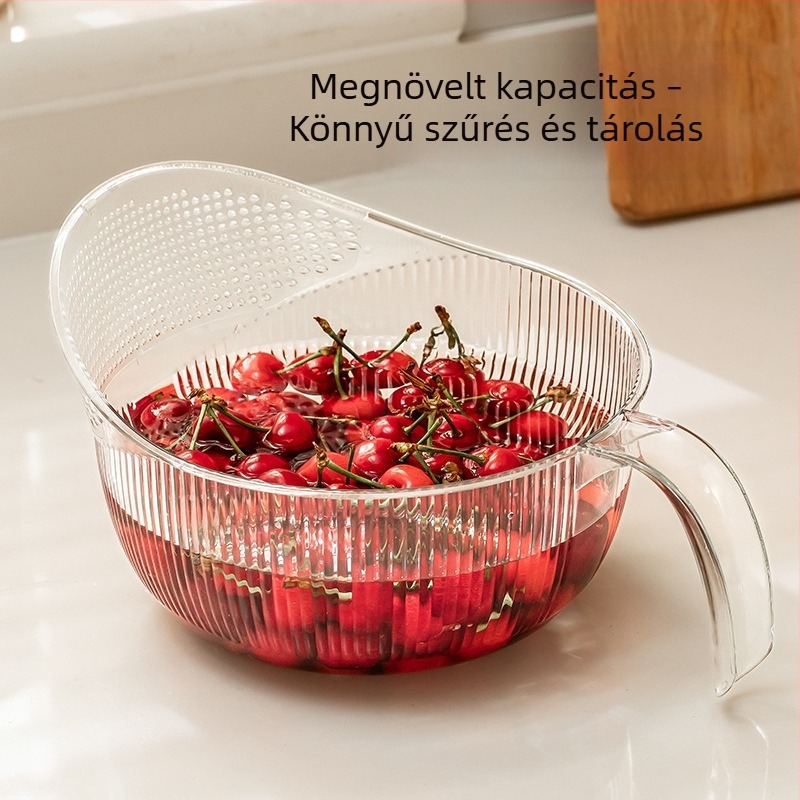 Átlátszó konyhai kosár zöldségek és gyümölcsök mosásához, többfunkciós leeresztő kosár, méretek 28×19,5×13 cm