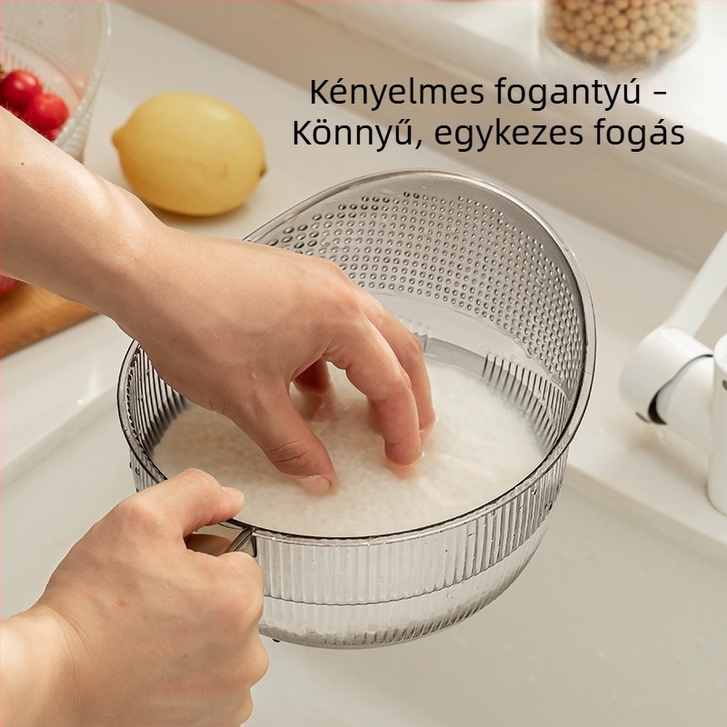 Átlátszó konyhai kosár zöldségek és gyümölcsök mosásához, többfunkciós leeresztő kosár, méretek 28×19,5×13 cm